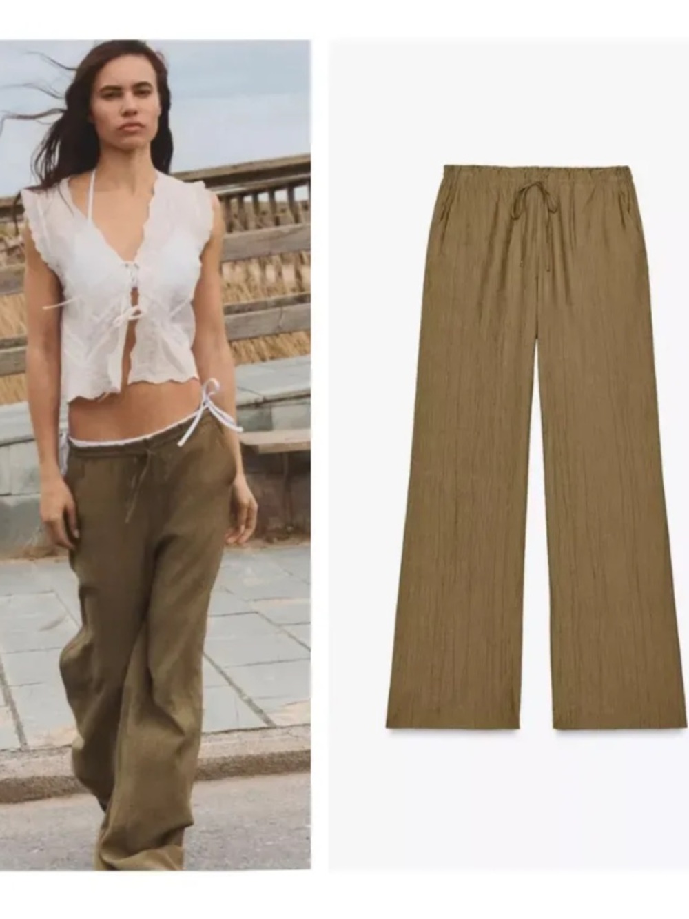 Zara Textured Weave Wide Leg High Rise Trousers In Khaki Green Size S NWT